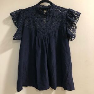 Navy blue silk sleeveless top w/ see through lace mock neck collar | Medium